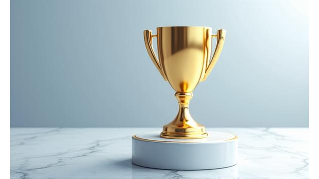 Un trophée doré symbolisant le Prix de l'Innovation Financière AURA, sur un socle élégant.