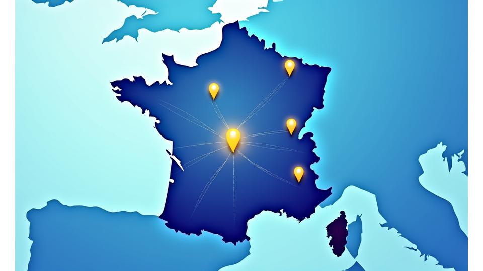 Carte stylisée de la région Auvergne-Rhône-Alpes avec des points lumineux, symbolisant les opportunités de financement locales.