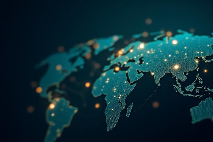 Illustration abstraite d'un réseau mondial de nœuds interconnectés, symbolisant un vaste réseau de partenaires académiques, industriels et institutionnels.