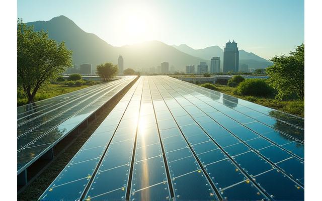 Photographie d'un panneau solaire intégré dans un concept urbain moderne, symbolisant un projet énergétique durable.
