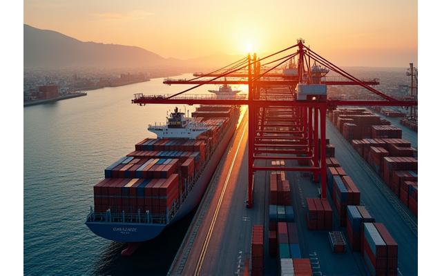 Vue aérienne d'un port commercial moderne avec des porte-conteneurs et des grues, symbolisant un projet d'infrastructure.