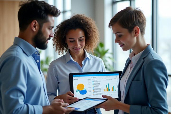 Consultants Zentari Impact échangeant avec un client sur un diagnostic de subventions, tableau de bord financier sur écran