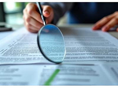 Une main tenant une loupe au-dessus d'un document, symbolisant l'analyse et la précision.