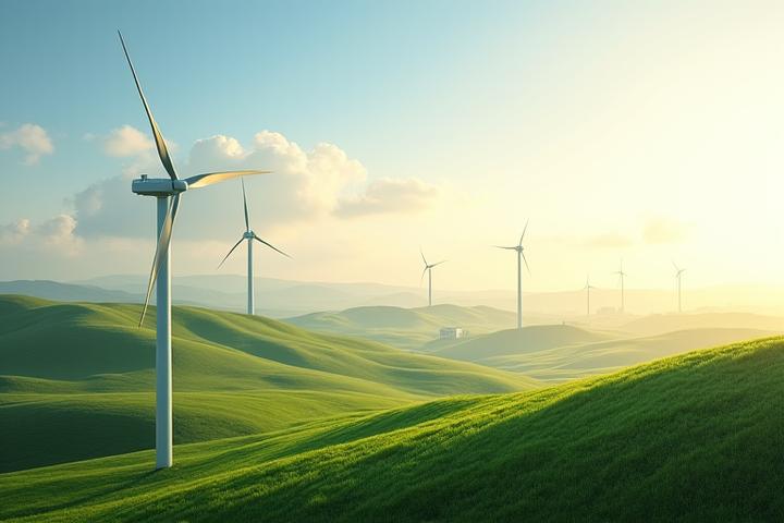 Paysage avec éoliennes et panneaux solaires, symbolisant la transition énergétique et l'écologie.