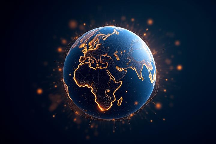 Carte du monde stylisée avec des lignes de connexion, représentant le développement international et les réseaux.