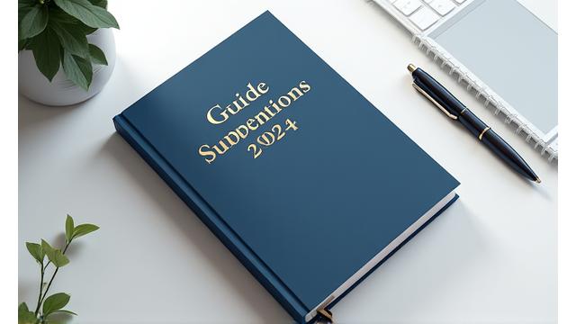 Image d'un gros livre ouvert intitulé 'Guide des Subventions 2024' sur un bureau