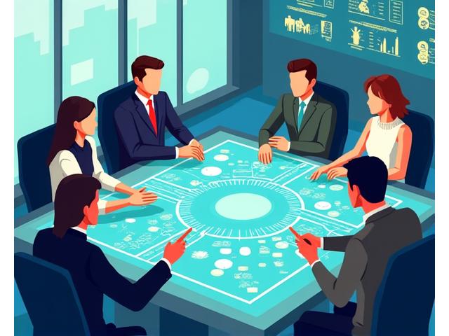 Personnes diversifiées collaborant autour d'une grande table avec des diagrammes, symbolisant le travail en consortium