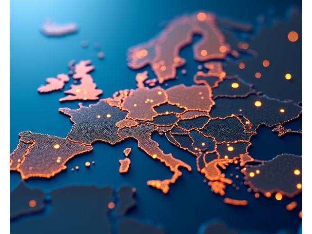 Illustration d'un réseau de points lumineux connectés, symbolisant un consortium européen diversifié de partenaires collaborant pour un objectif commun, au-dessus d'une carte stylisée de l'Europe.