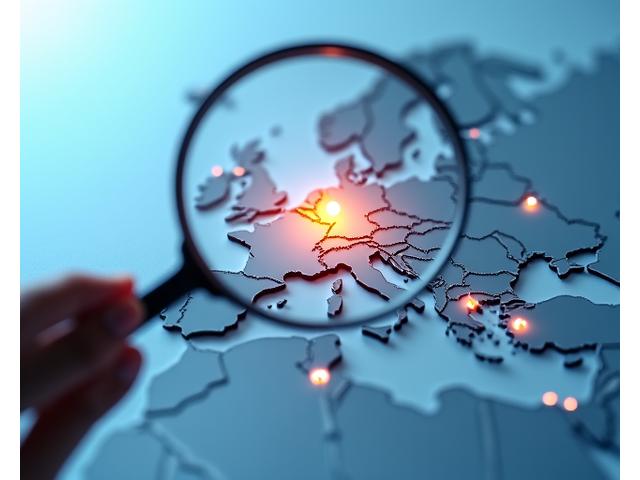 Illustration d'une main tenant une loupe au-dessus d'une carte de l'Europe, symbolisant l'analyse stratégique et la détection d'opportunités de financement.