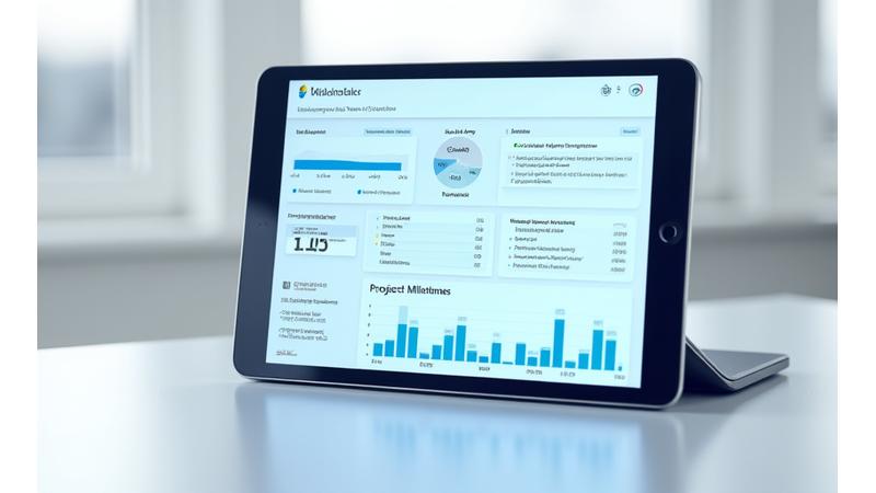 Tableau de bord de suivi numérique affichant des graphiques d'avancement, des alertes de tâche et des statuts de dossier, symbolisant le système de suivi proactif de Zentari Impact.