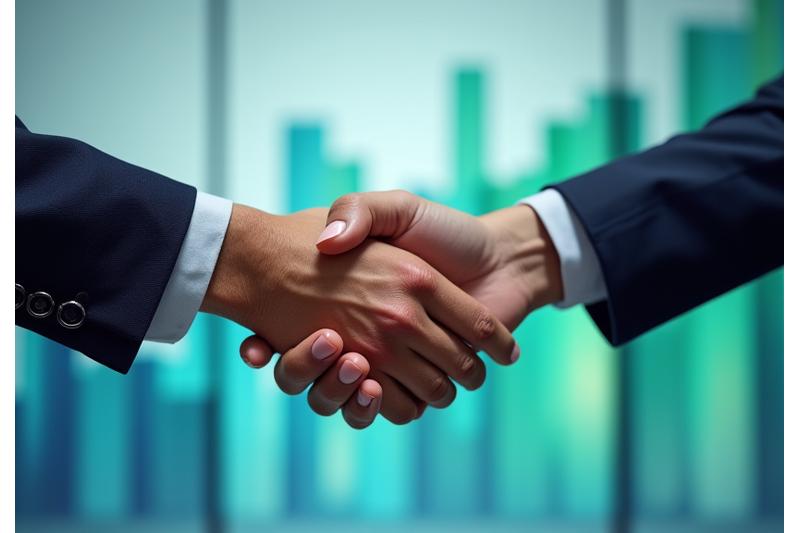 Image d'une poignée de main professionnelle sur fond flou de graphiques de croissance, symbolisant la confiance, le partenariat et la réussite conjointe.