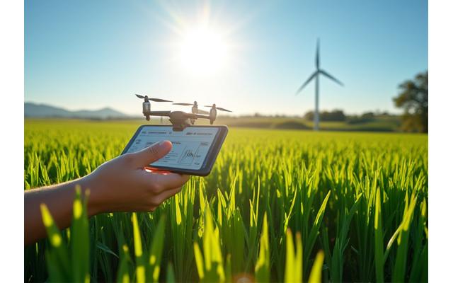 Un champ verdoyant avec des éoliennes en arrière-plan et un agriculteur consultant un écran, symbolisant l'agriculture connectée et durable