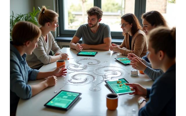 Plusieurs personnes collaborant autour d'une table avec des objets recyclés et un diagramme de l'économie circulaire visible, illustrant des services durables