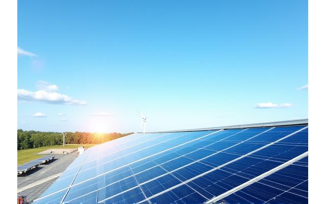 Panneaux solaires sur un toit avec un ciel bleu, symbolisant l'énergie renouvelable