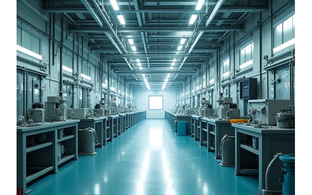 Une usine moderne avec des panneaux solaires et un système de récupération d'énergie visible, symbolisant l'industrie verte